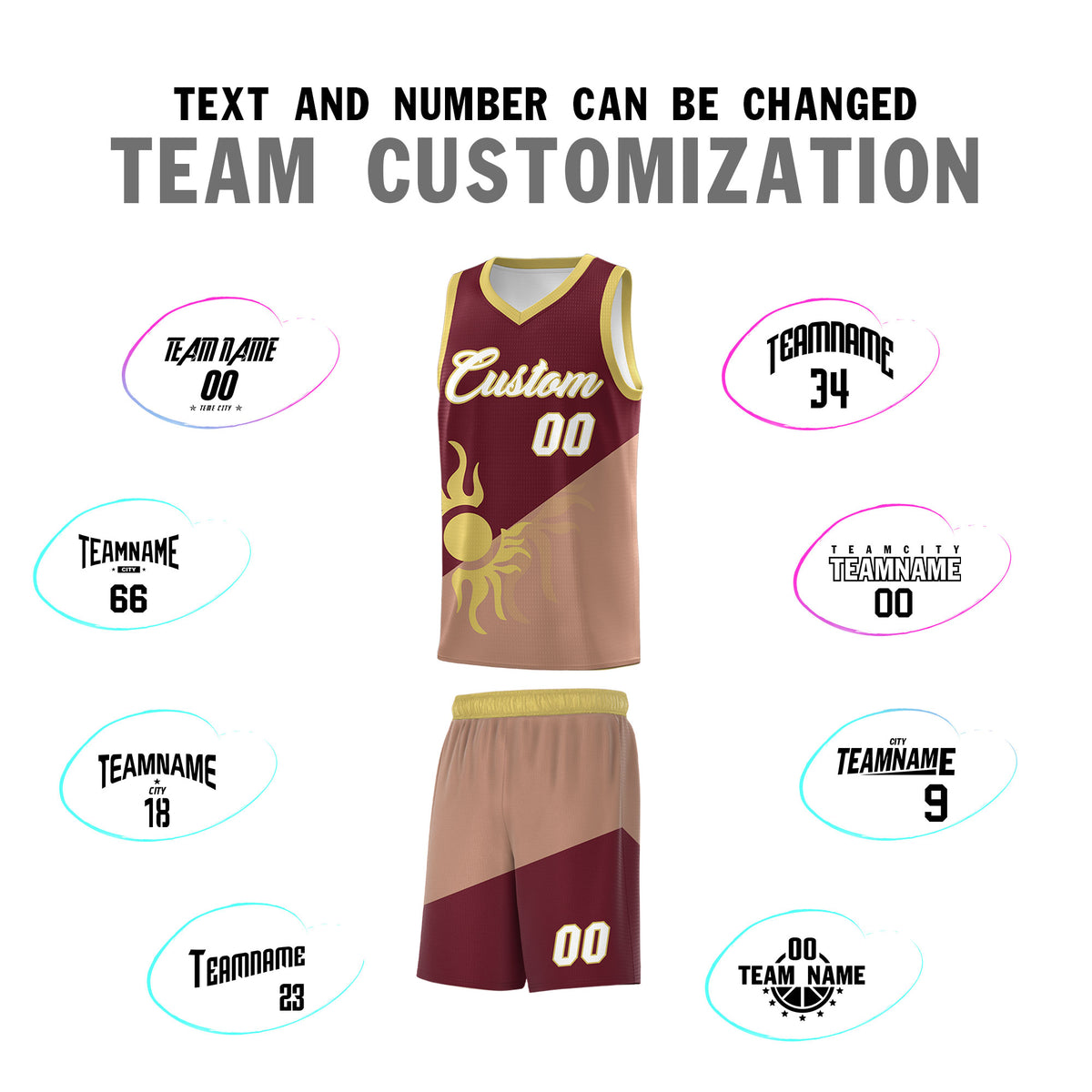 Custom Youth Basketball Jerseys - Maroon Coffee Radiant Sun Design Two Tone Uniforms