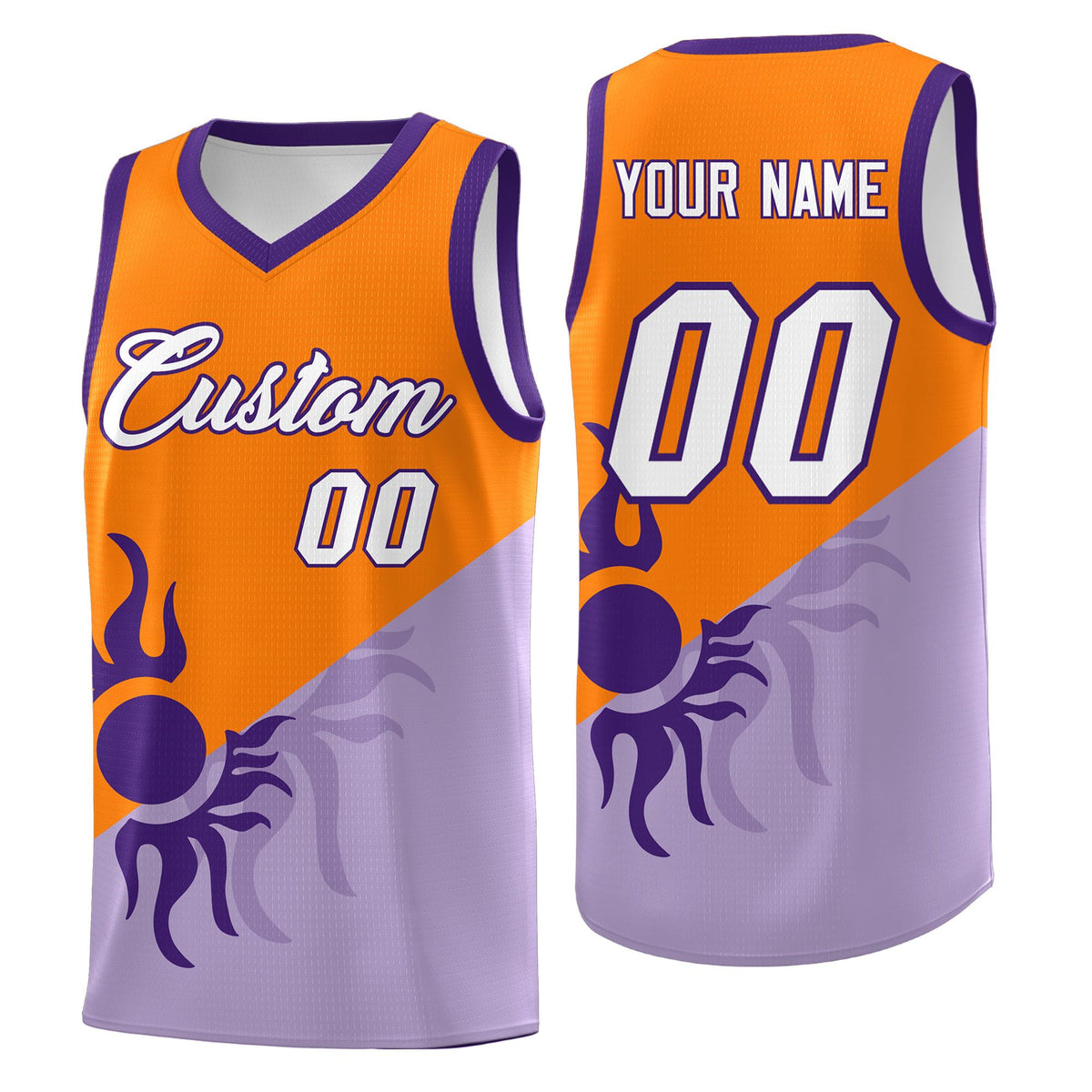 Custom Youth Basketball Jerseys - Light Purple Orange Radiant Sun Design Two Tone Uniforms