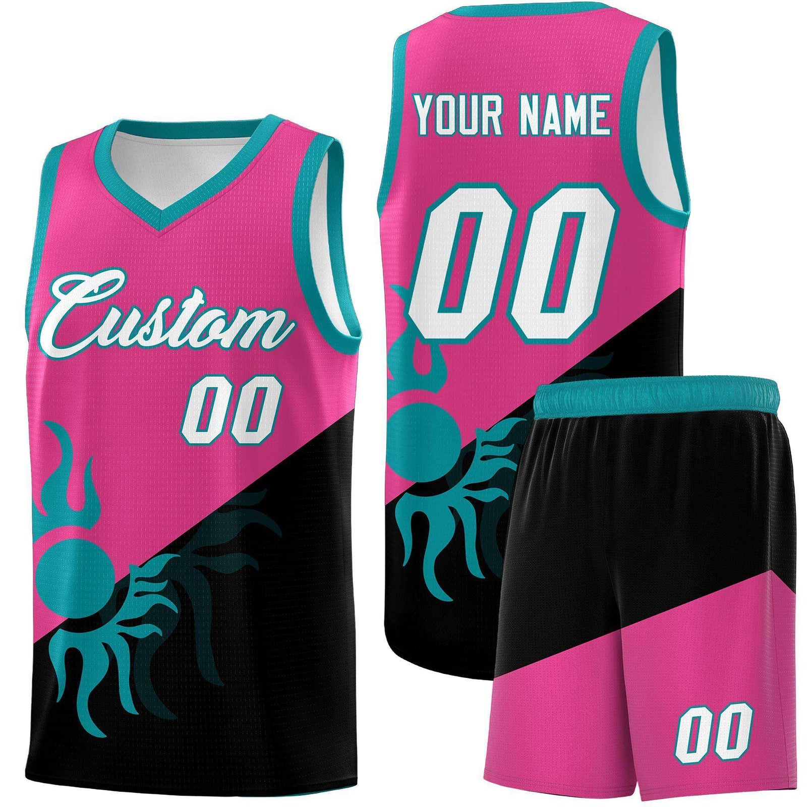 Custom Youth Basketball Jerseys - Rose Red Black Sunburst Design Two Tone Uniforms