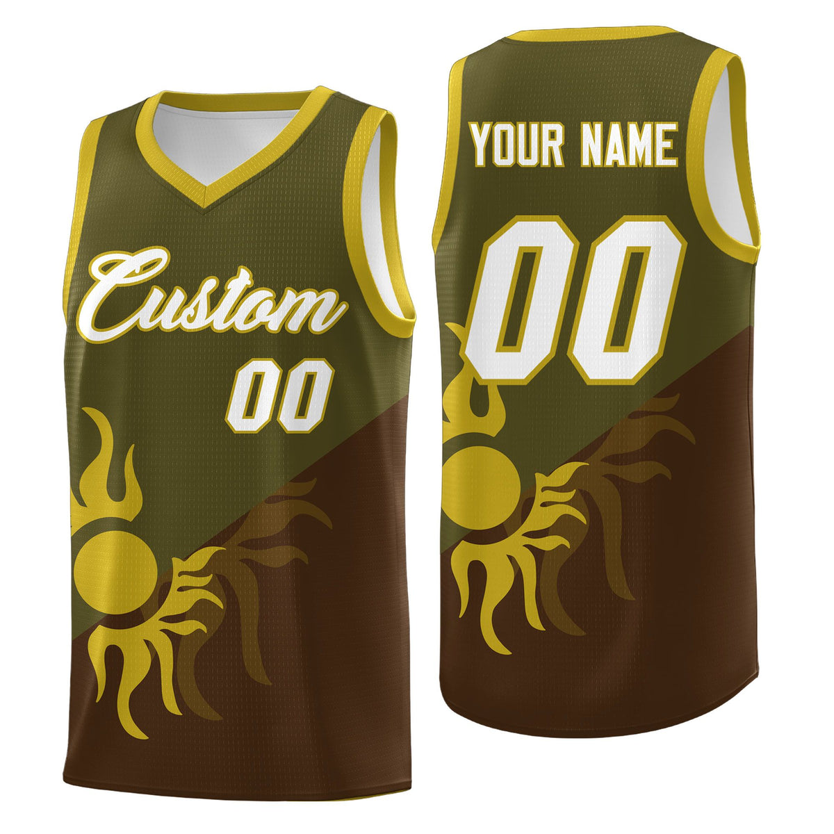 Custom Youth Basketball Jerseys - Brown Olive Radiant Sun Design Two Tone Uniforms