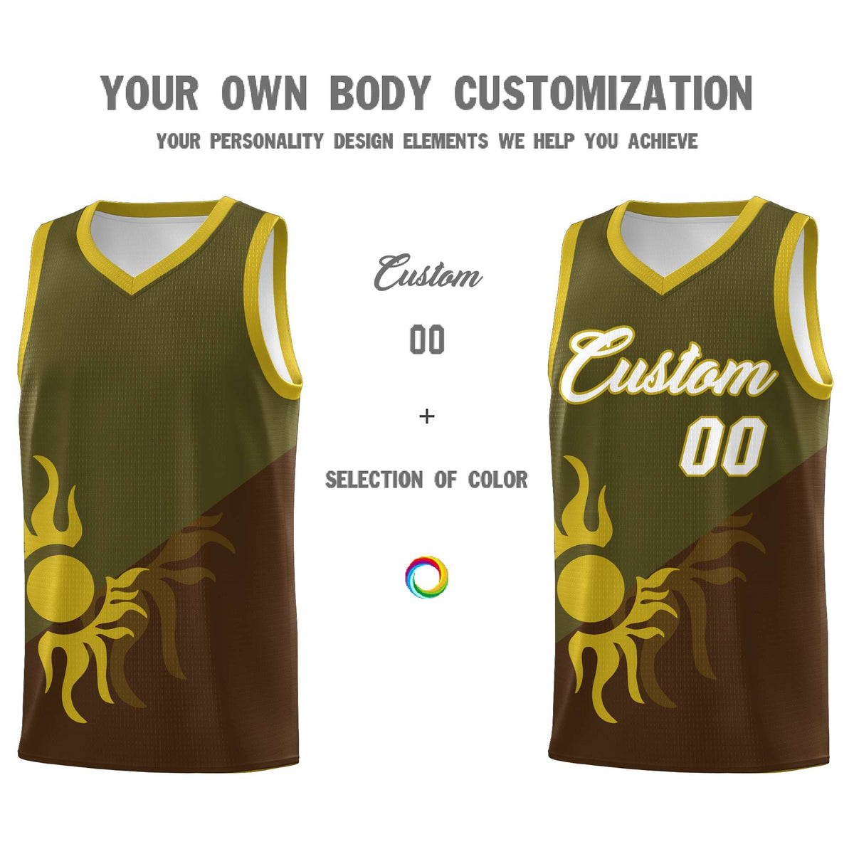 Custom Youth Basketball Jerseys - Brown Olive Radiant Sun Design Two Tone Uniforms
