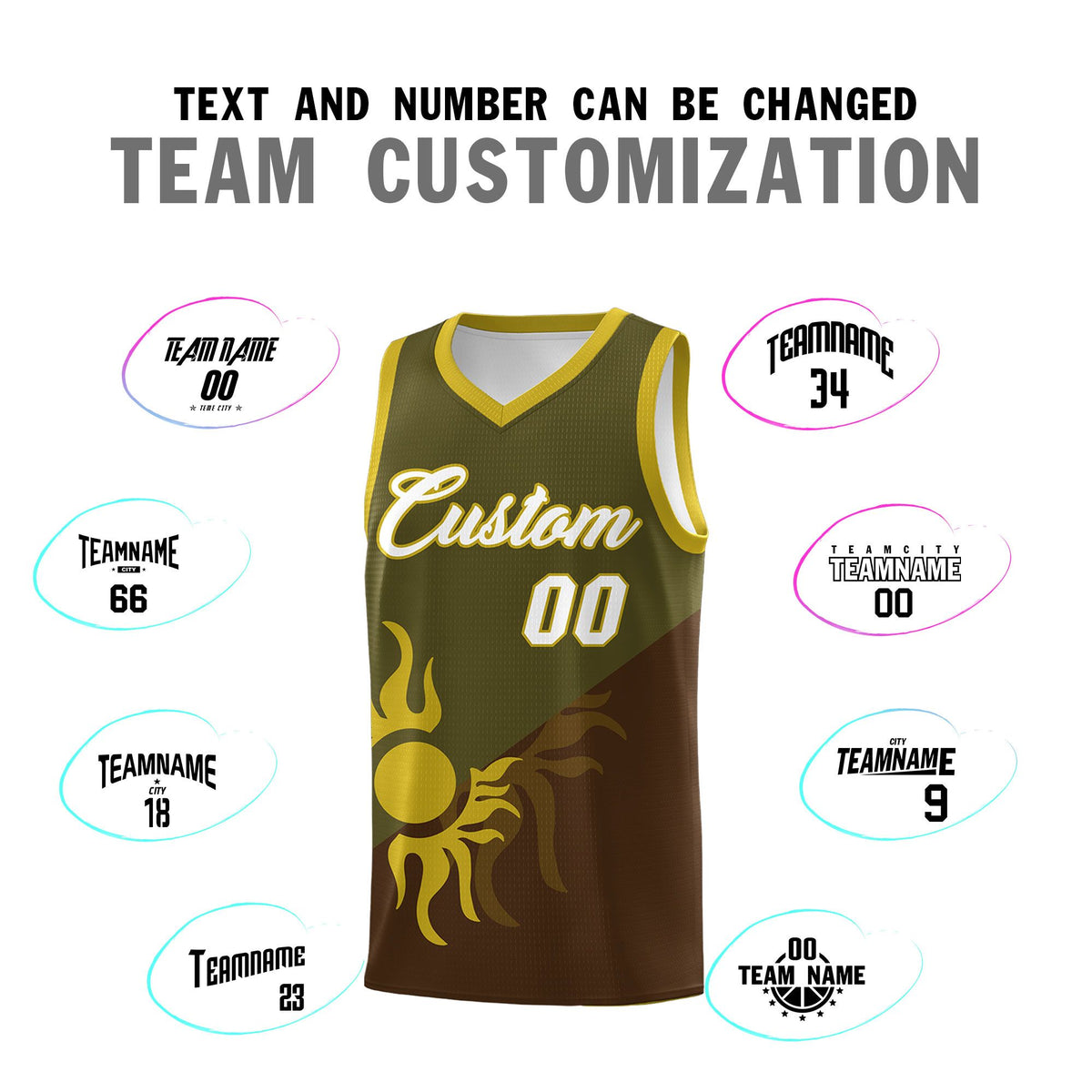 Custom Youth Basketball Jerseys - Brown Olive Radiant Sun Design Two Tone Uniforms