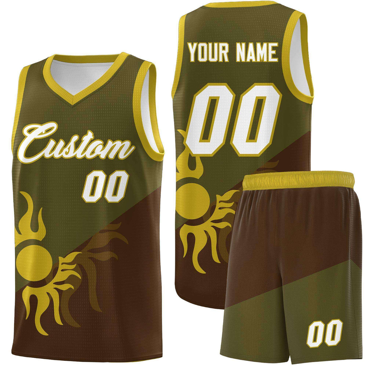 Custom Youth Basketball Jerseys - Brown Olive Radiant Sun Design Two Tone Uniforms