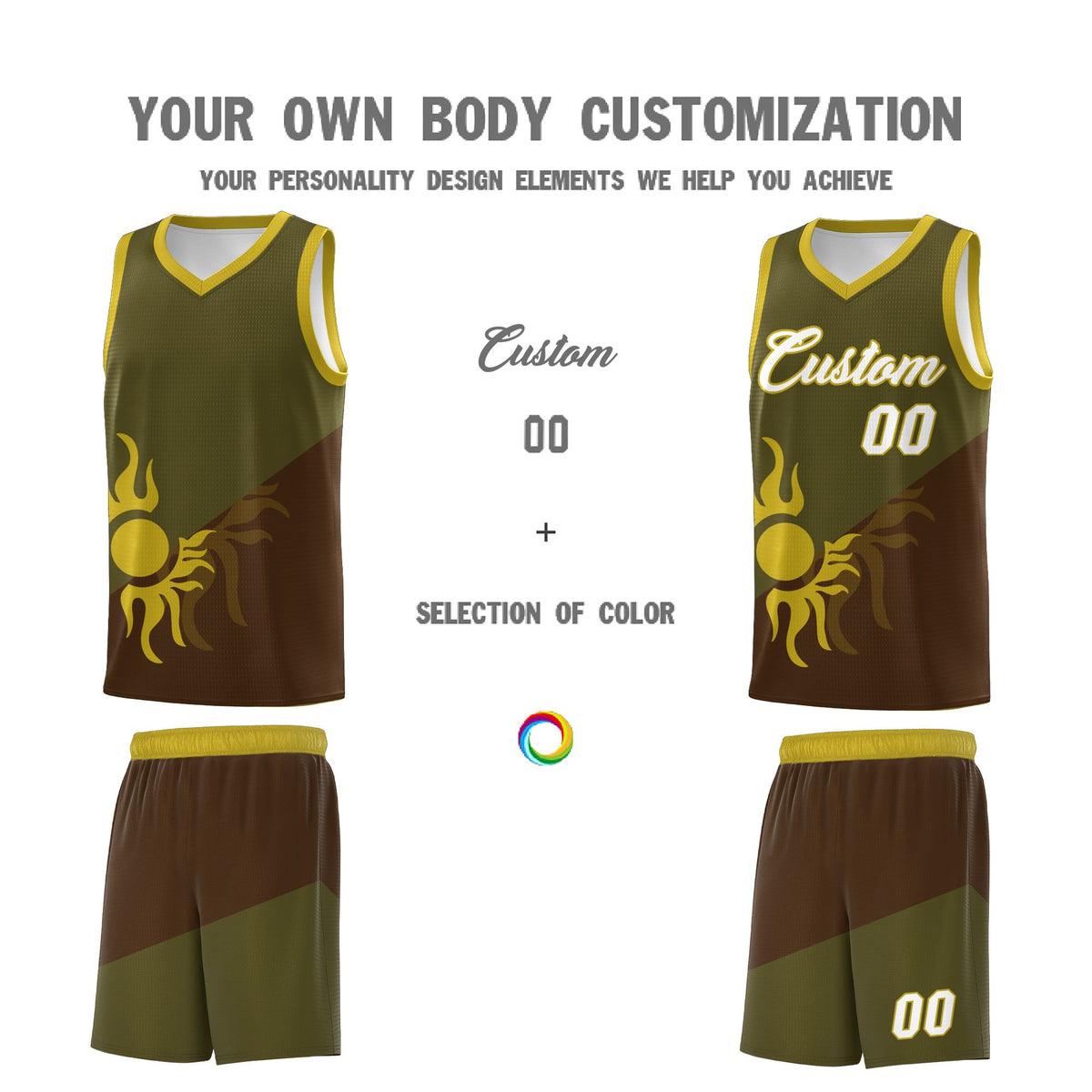 Custom Youth Basketball Jerseys - Brown Olive Radiant Sun Design Two Tone Uniforms