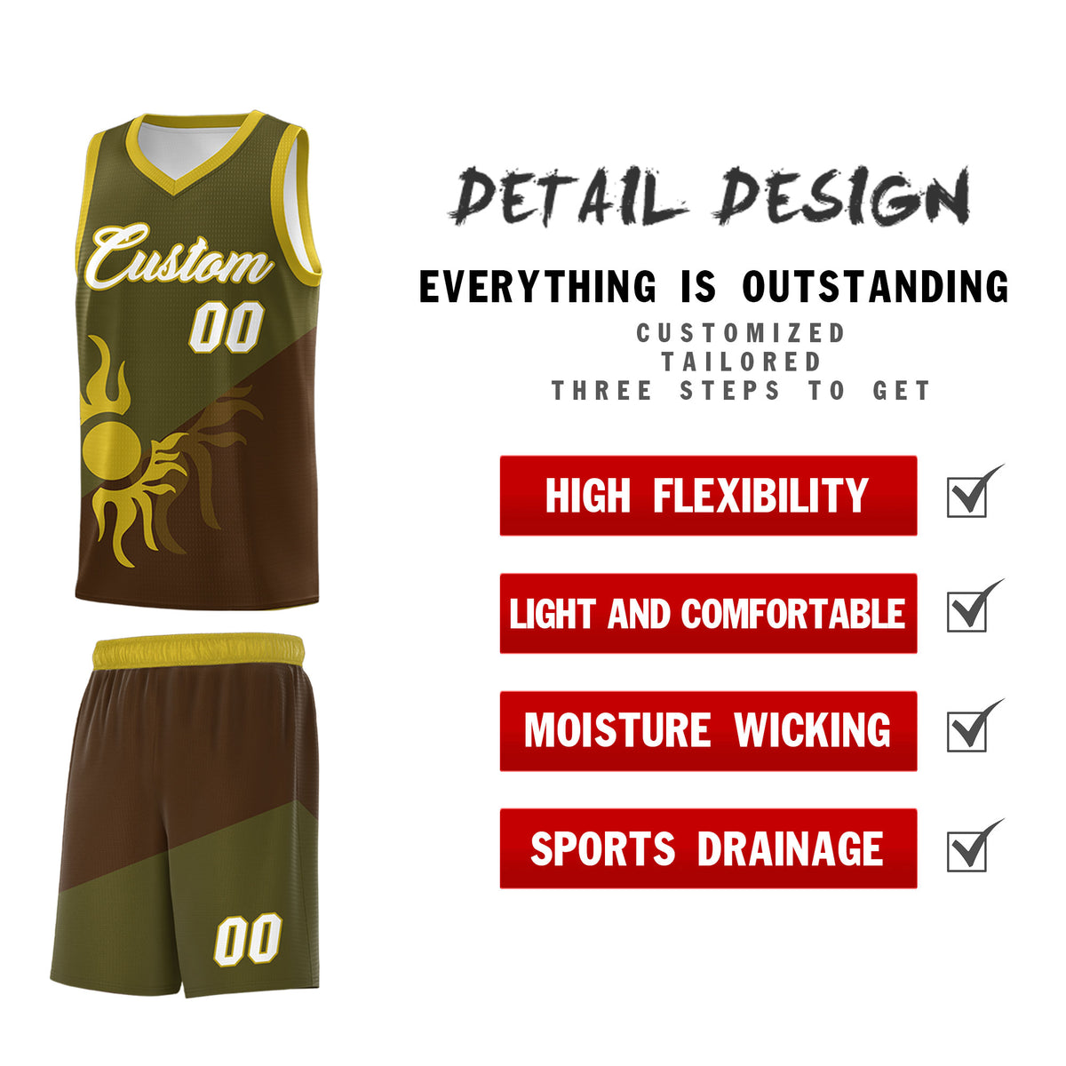 Custom Youth Basketball Jerseys - Brown Olive Radiant Sun Design Two Tone Uniforms