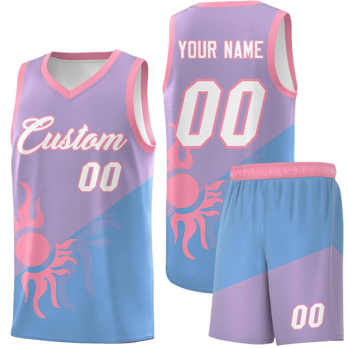 Custom Youth Basketball Jerseys - Light Purple Powder Blue Sunburst Design Two Tone Uniforms