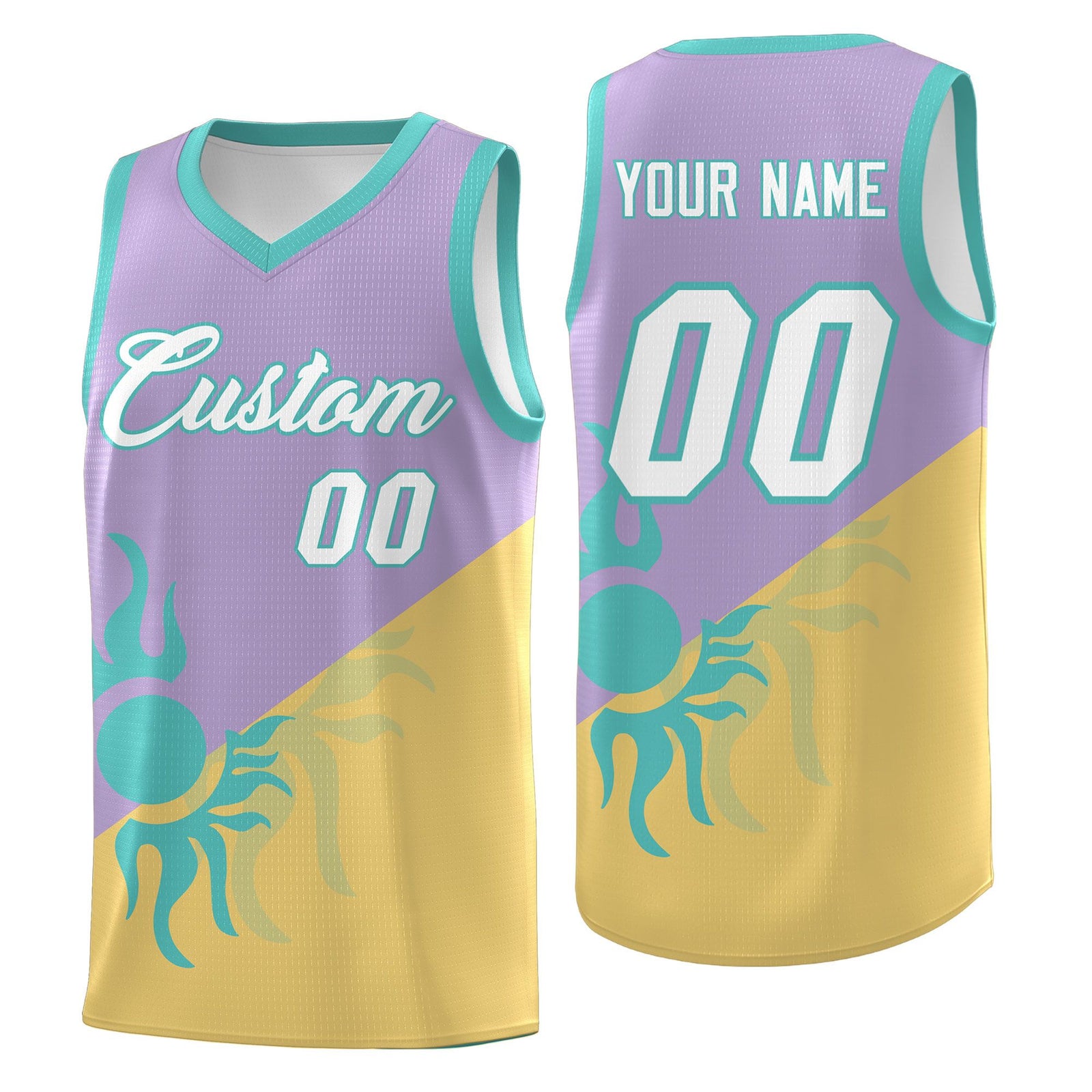 Custom Youth Basketball Jerseys - Light Purple Old Gold Radiant Sun Design Two Tone Uniforms