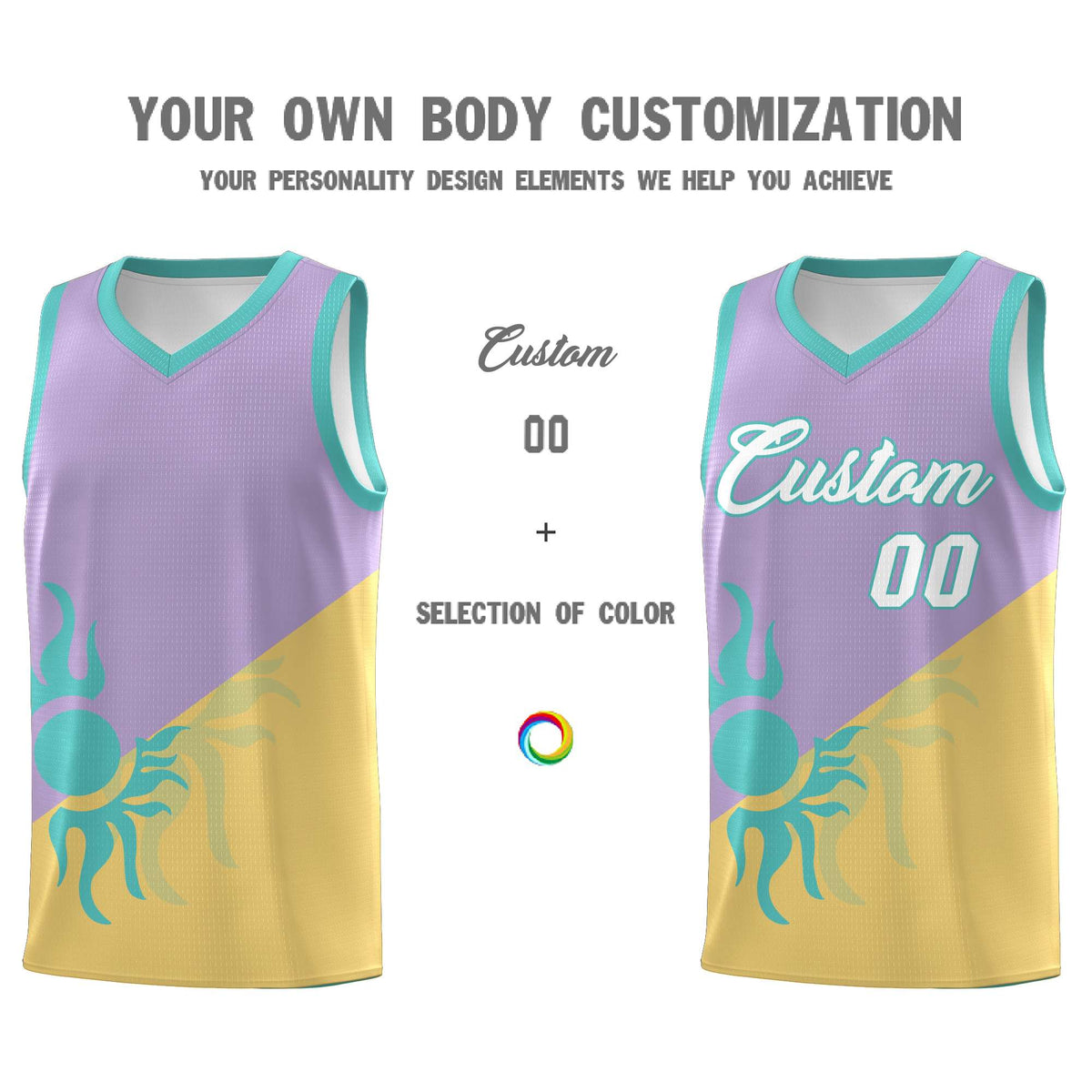 Custom Youth Basketball Jerseys - Light Purple Old Gold Radiant Sun Design Two Tone Uniforms
