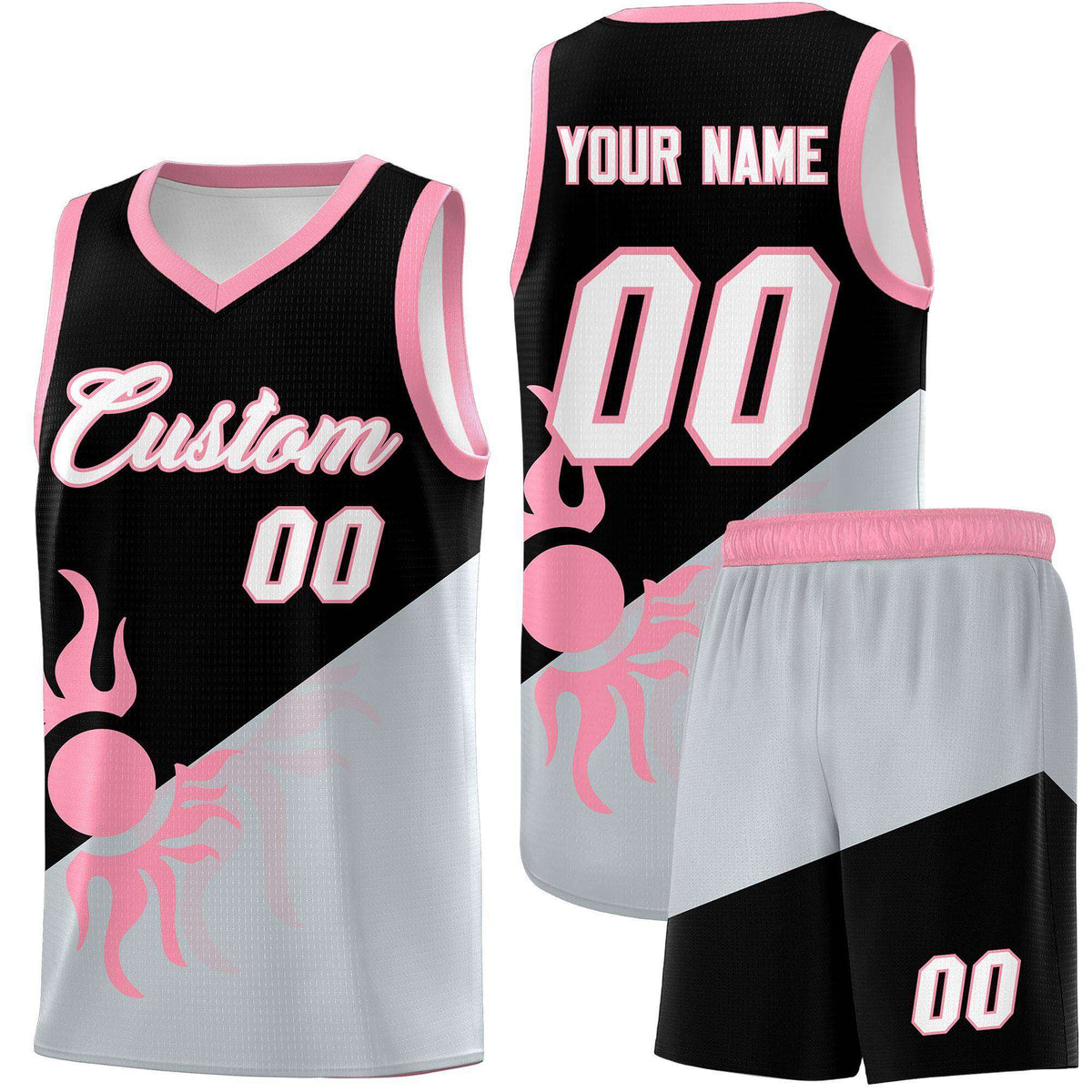 Custom Youth Basketball Jerseys - Black Silver Radiant Sun Design Two Tone Uniforms