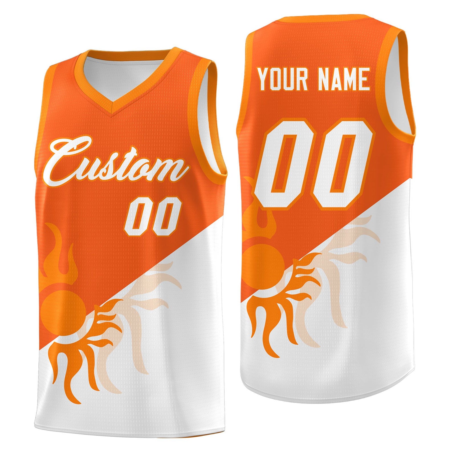Custom Youth Basketball Jerseys - Orange White Radiant Sun Design Two Tone Uniforms