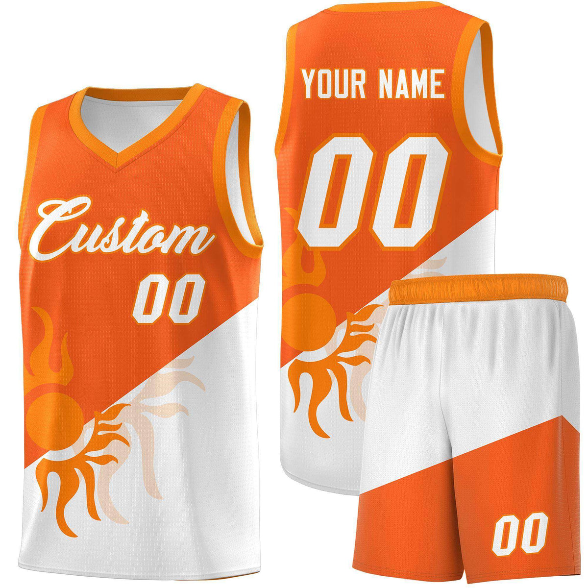 Custom Youth Basketball Jerseys - Orange White Radiant Sun Design Two Tone Uniforms