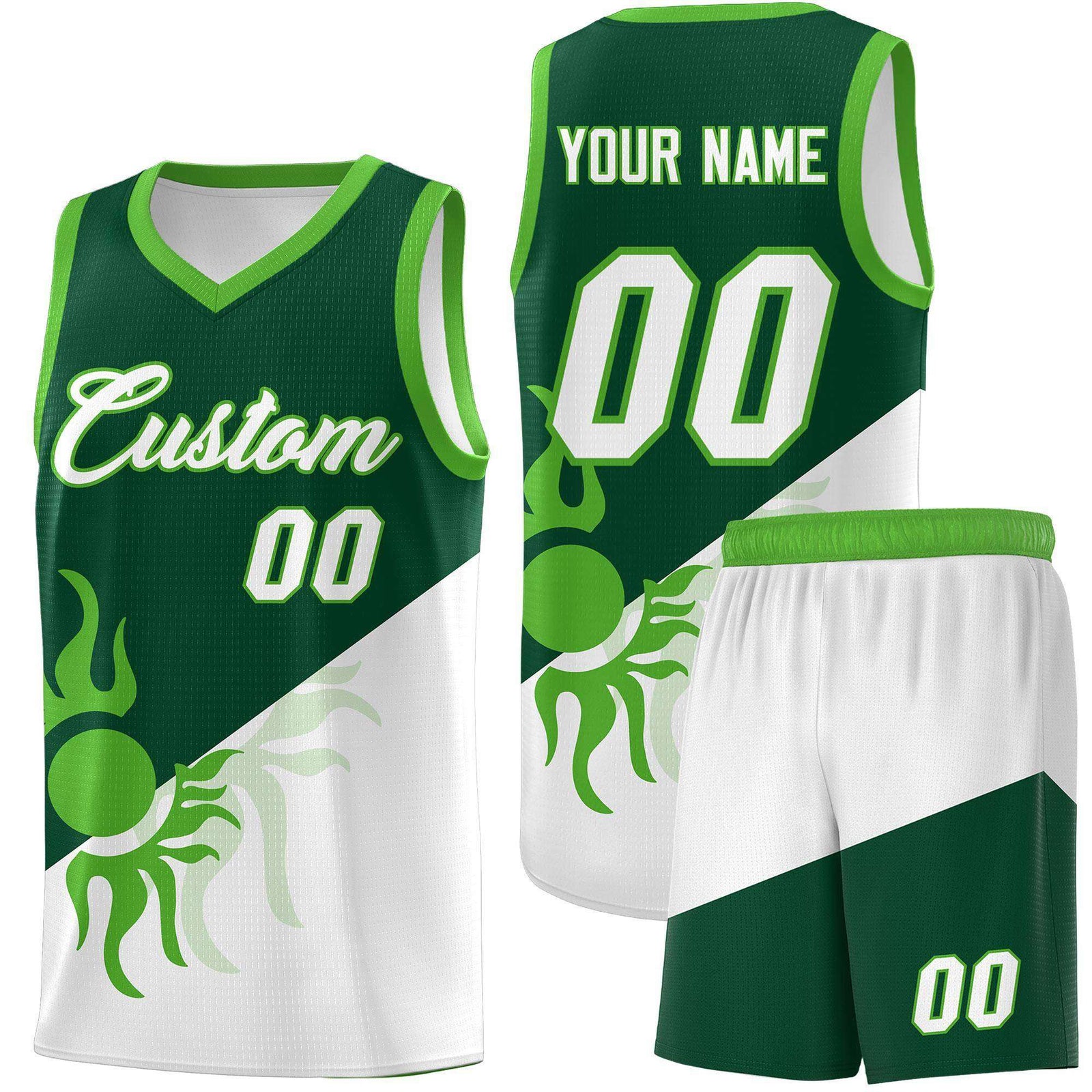 Custom Youth Basketball Jerseys - Kelly Green White Radiant Sun Design Two Tone Uniforms