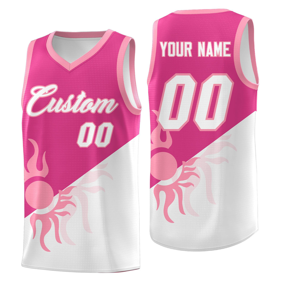 Custom Youth Basketball Jerseys - Rose Red White Radiant Sun Design Two Tone Uniforms