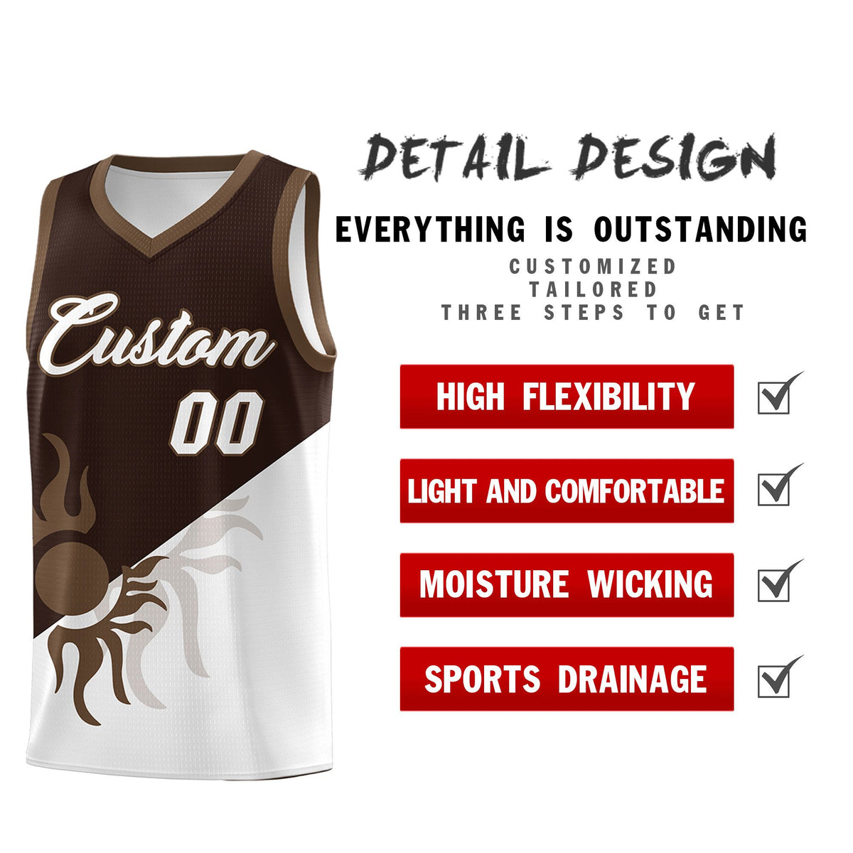 Custom Youth Basketball Jerseys - Brown White Sunburst Design Two Tone Uniforms