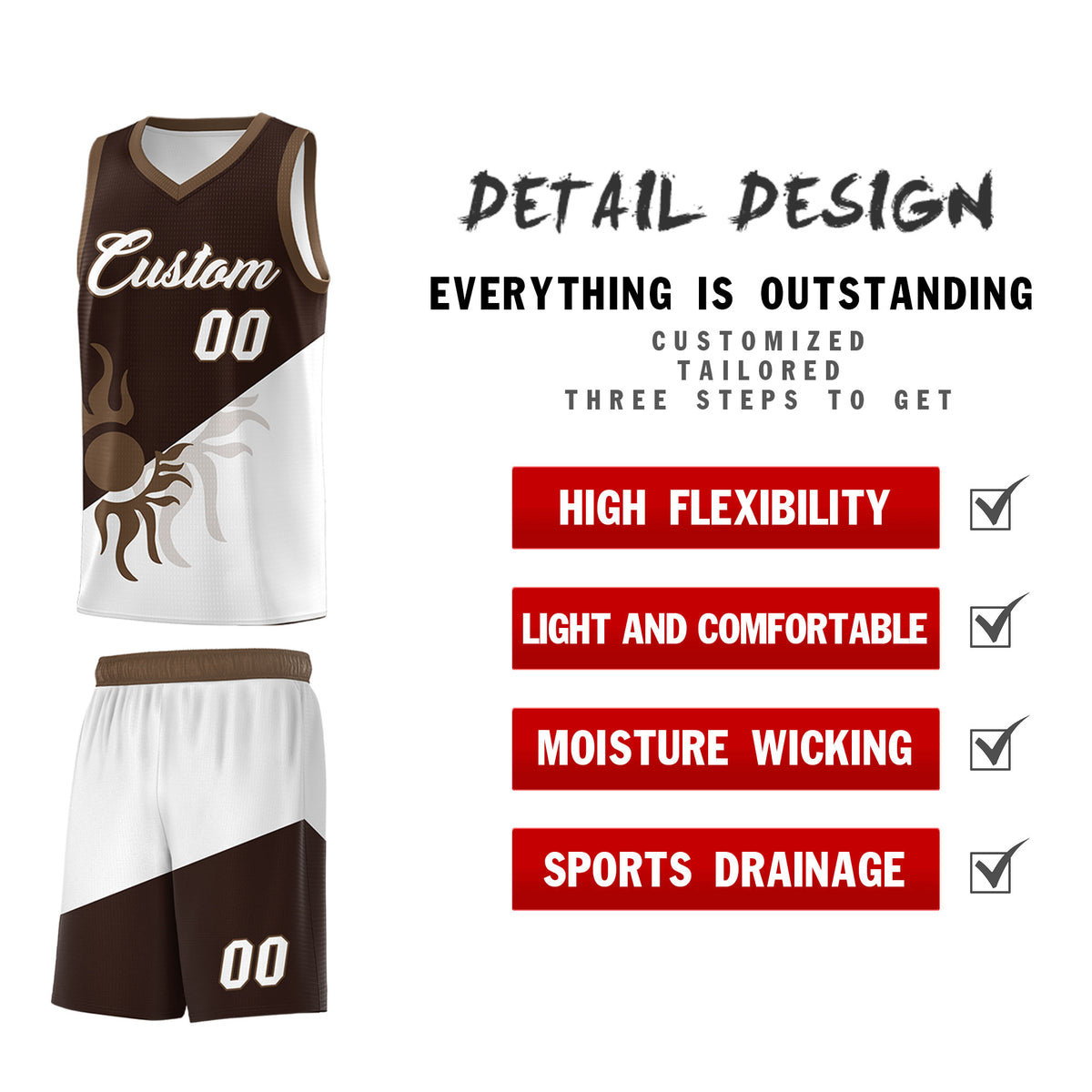 Custom Youth Basketball Jerseys - Brown White Sunburst Design Two Tone Uniforms