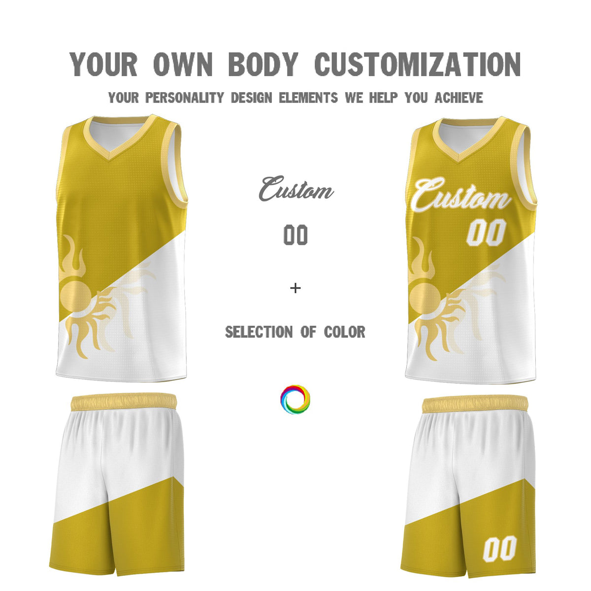 Custom Youth Basketball Jerseys - Old Gold White Radiant Sun Design Two Tone Uniforms