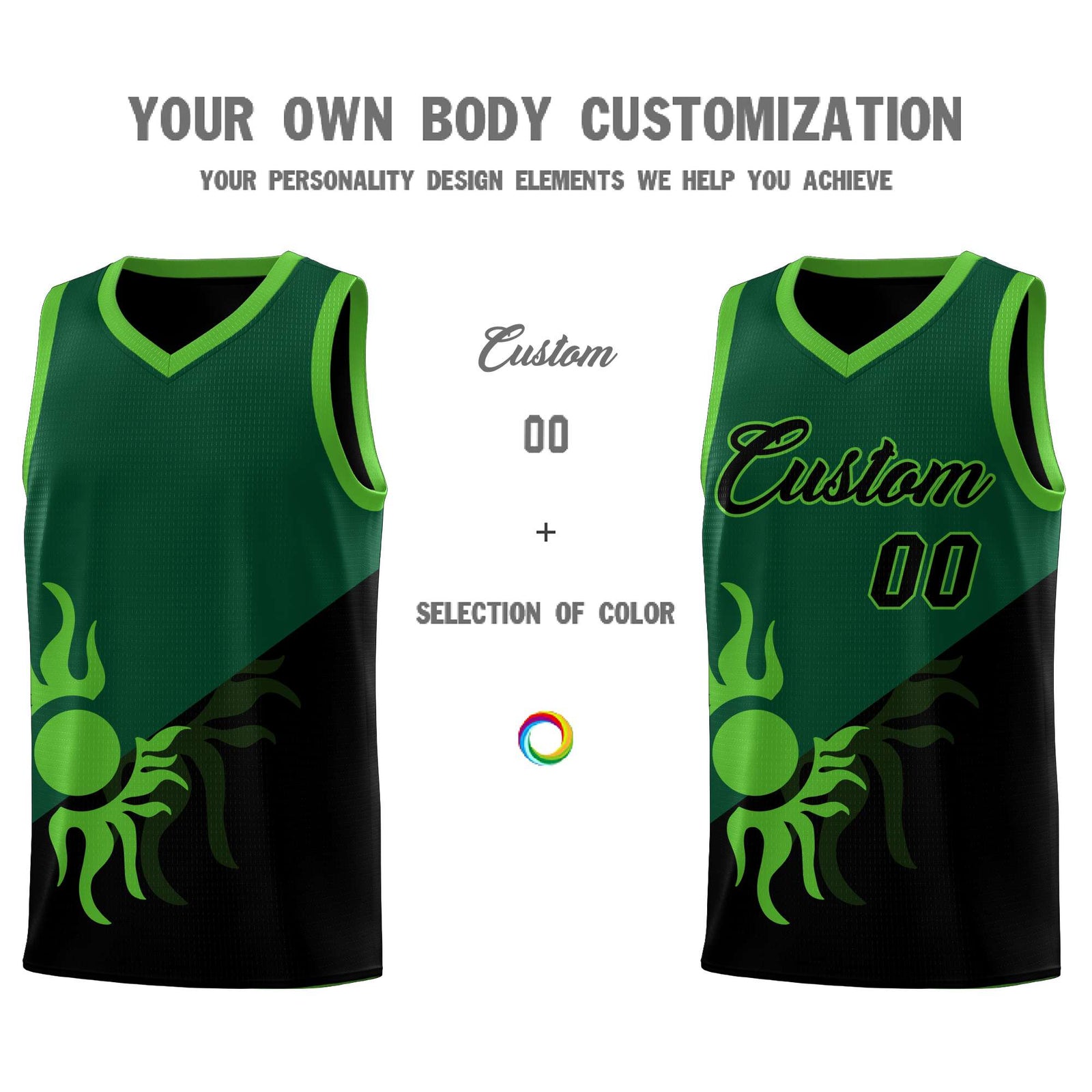 Custom Youth Basketball Jerseys - Kelly Green Black Radiant Sun Design Two Tone Uniforms