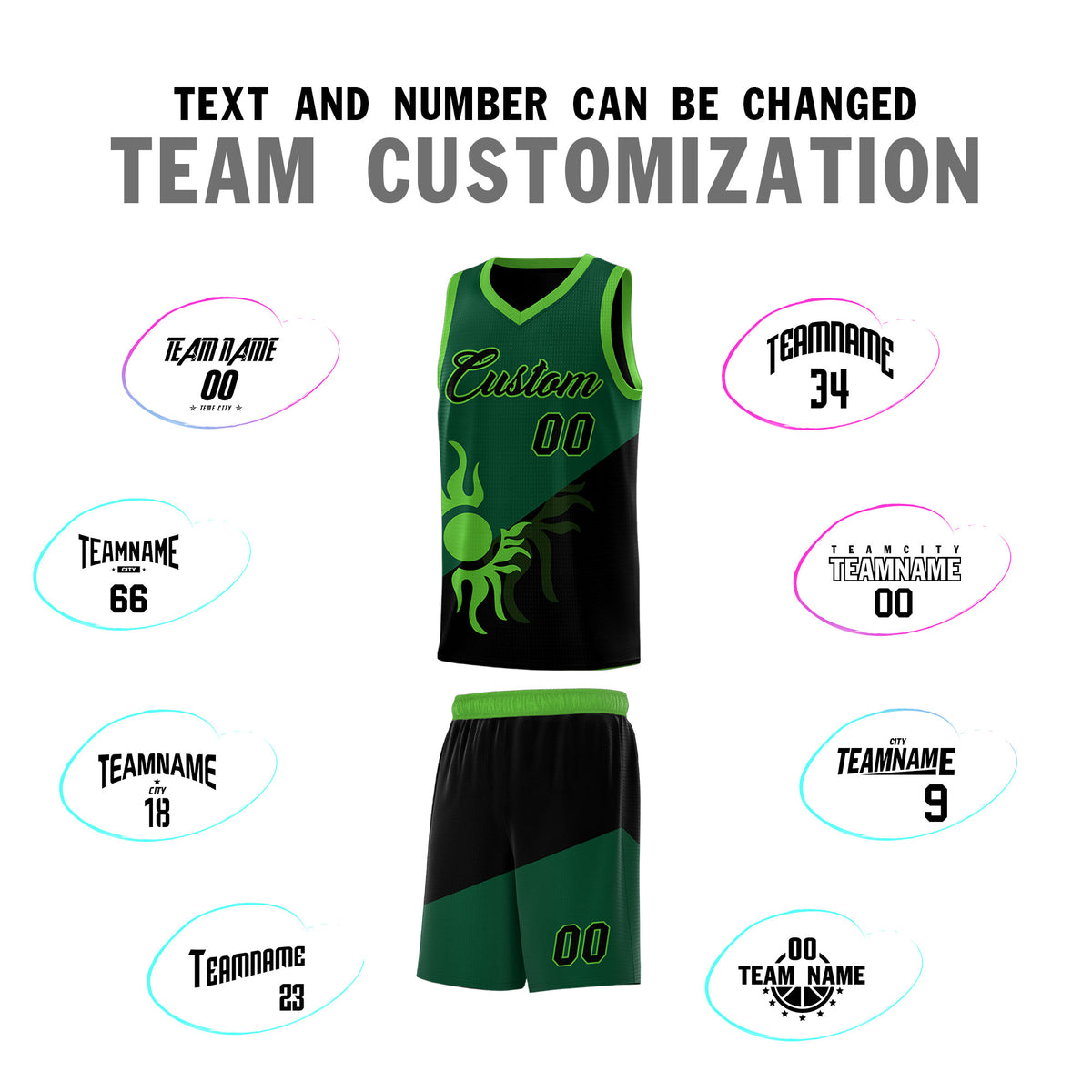 Custom Youth Basketball Jerseys - Kelly Green Black Radiant Sun Design Two Tone Uniforms