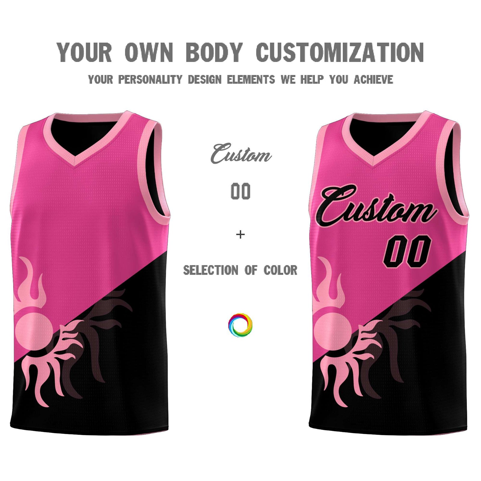 Custom Youth Basketball Jerseys - Rose Red Black Radiant Sun Design Two Tone Uniforms