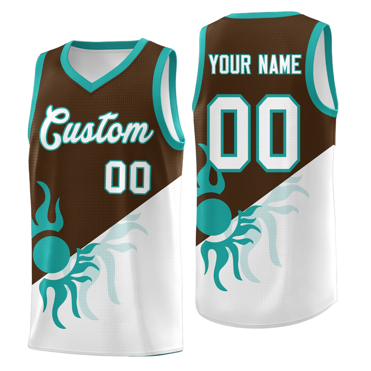 Custom Youth Basketball Jerseys - Brown White Radiant Sun Design Two Tone Uniforms