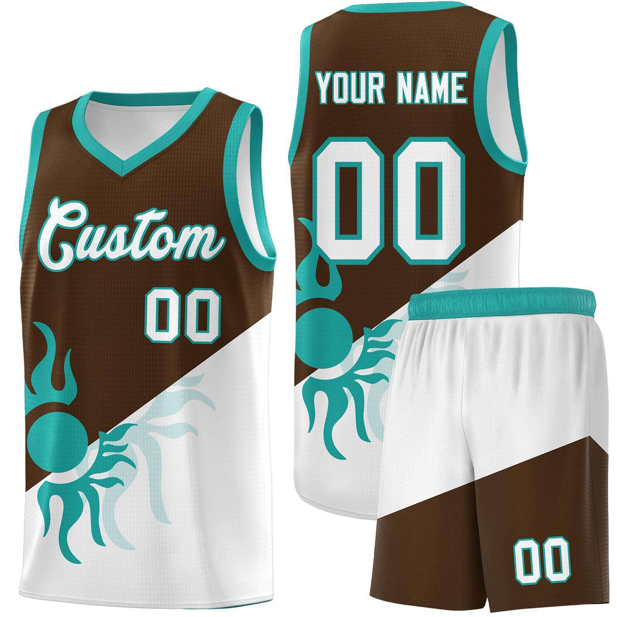 Custom Youth Basketball Jerseys - Brown White Radiant Sun Design Two Tone Uniforms