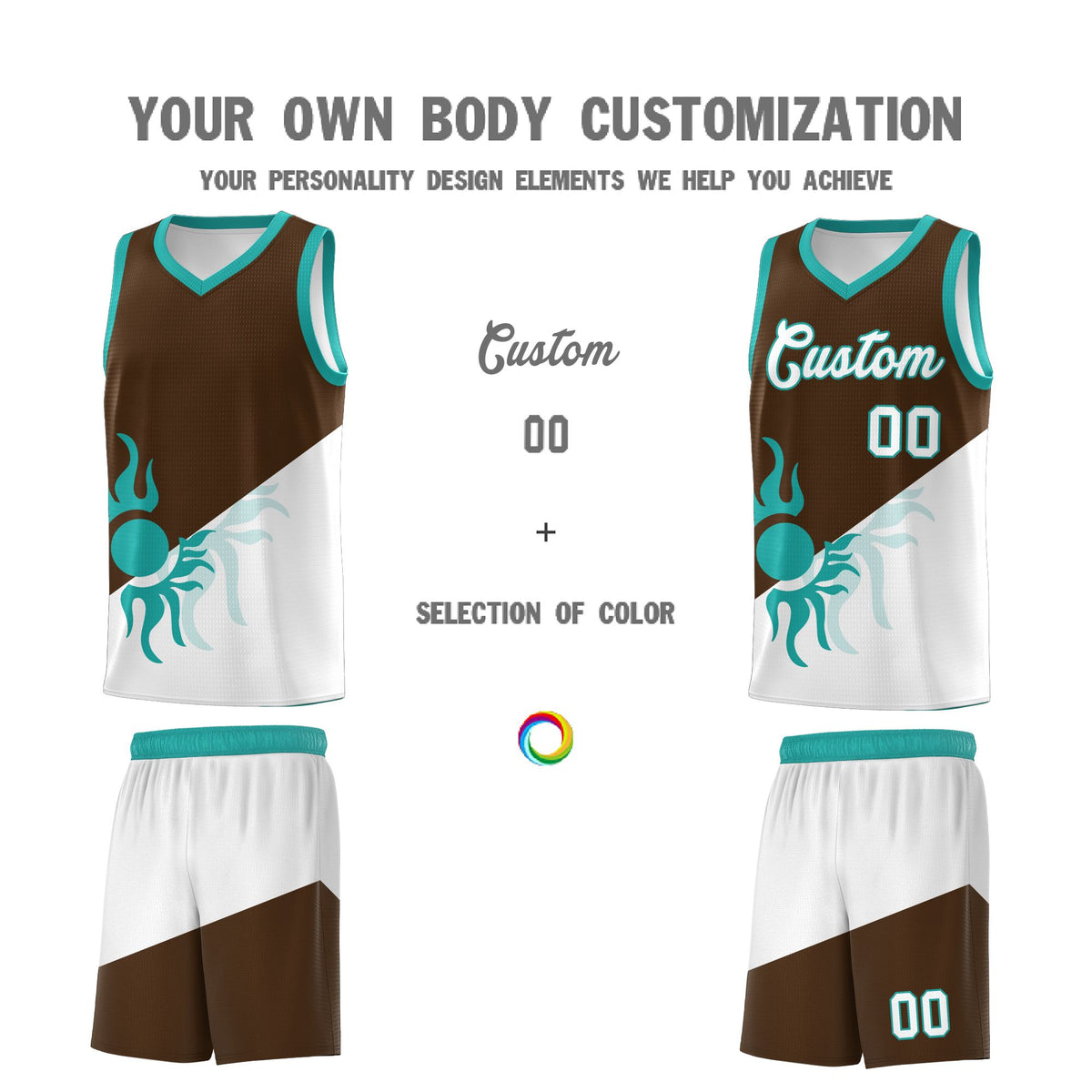 Custom Youth Basketball Jerseys - Brown White Radiant Sun Design Two Tone Uniforms