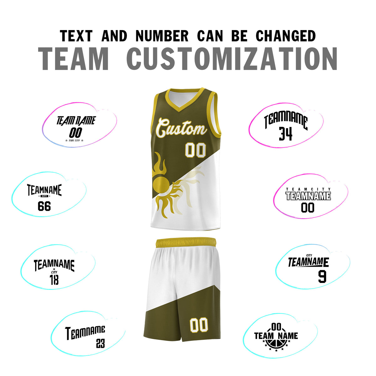 Custom Youth Basketball Jerseys - Olive White Sunburst Design Two Tone Uniforms