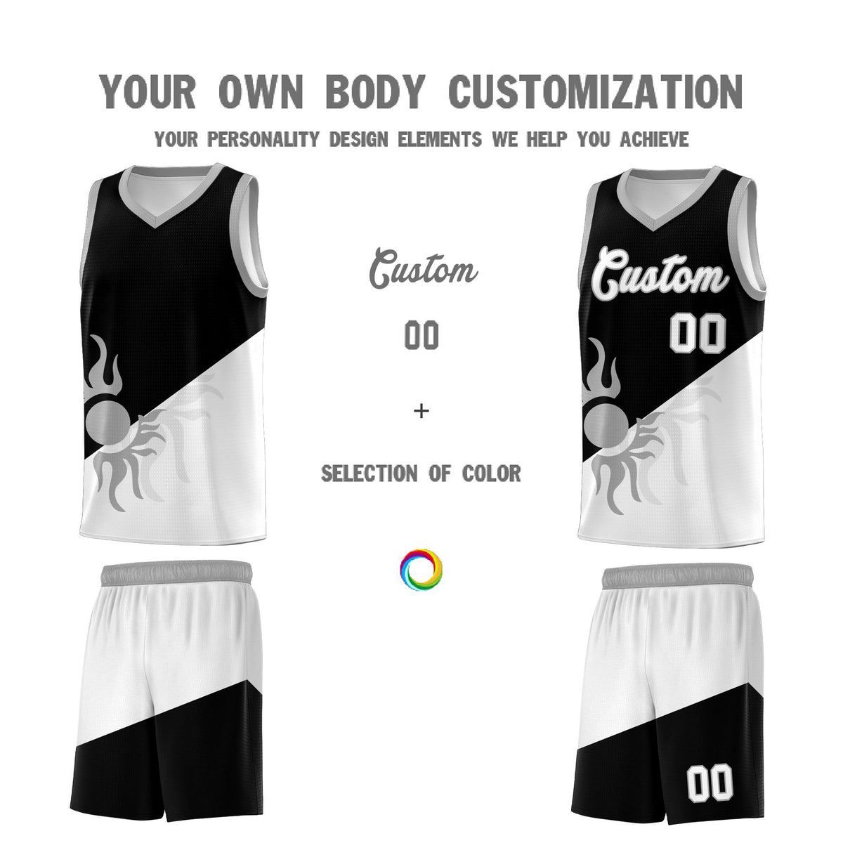 Custom Youth Basketball Jerseys - Black White Radiant Sun Design Two Tone Uniforms