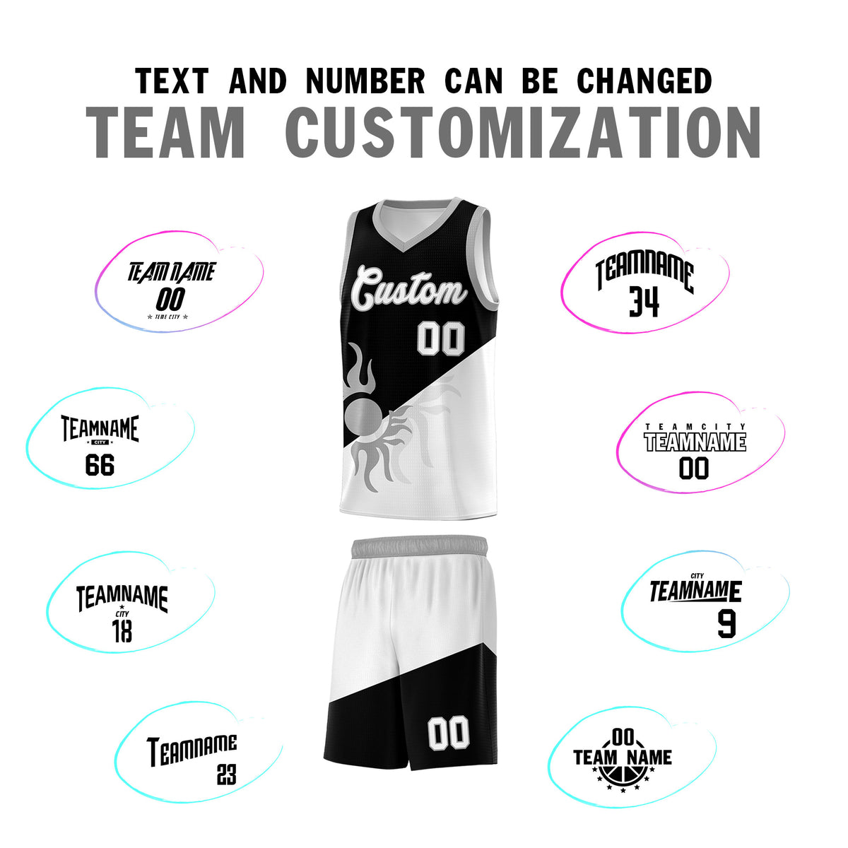 Custom Youth Basketball Jerseys - Black White Radiant Sun Design Two Tone Uniforms