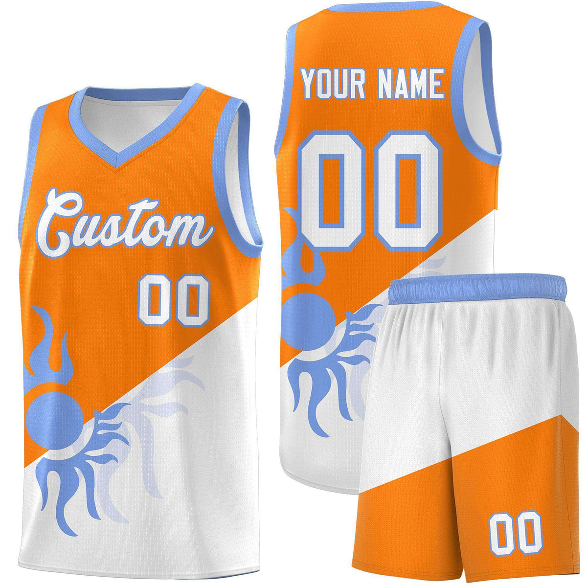 Custom Youth Basketball Jerseys - Orange White Radiant Sun Design Two Tone Uniforms