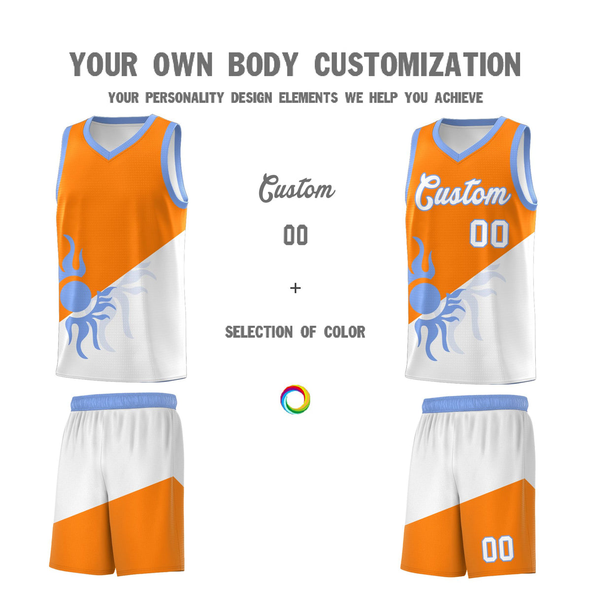 Custom Youth Basketball Jerseys - Orange White Radiant Sun Design Two Tone Uniforms