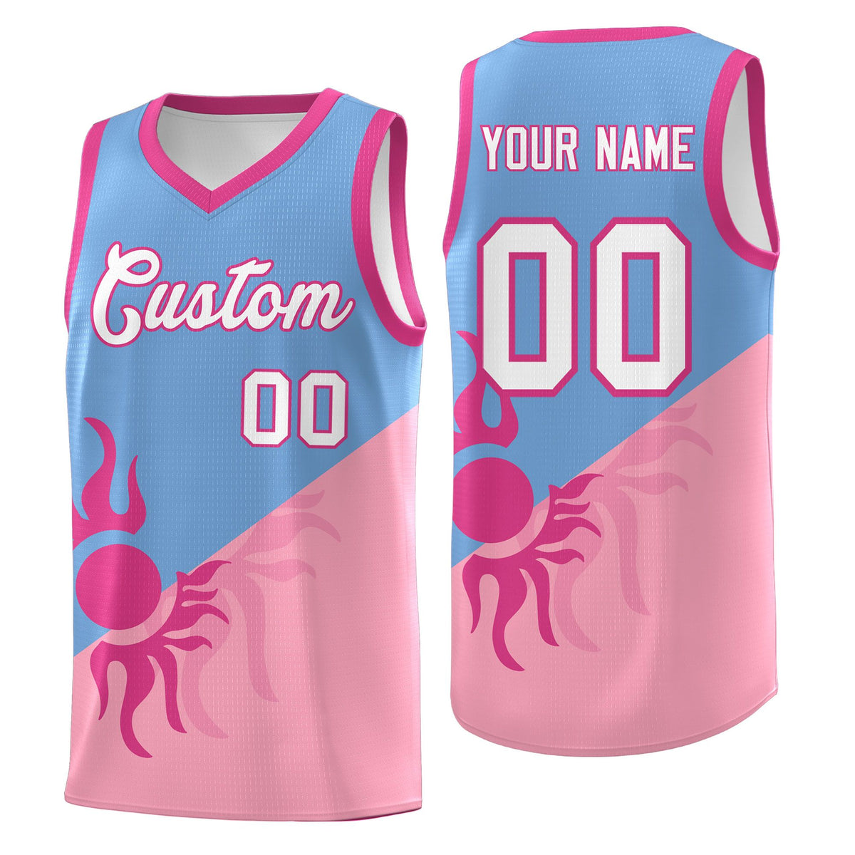 Custom Youth Basketball Jerseys - Powder Blue Light Pink Radiant Sun Design Two Tone Uniforms