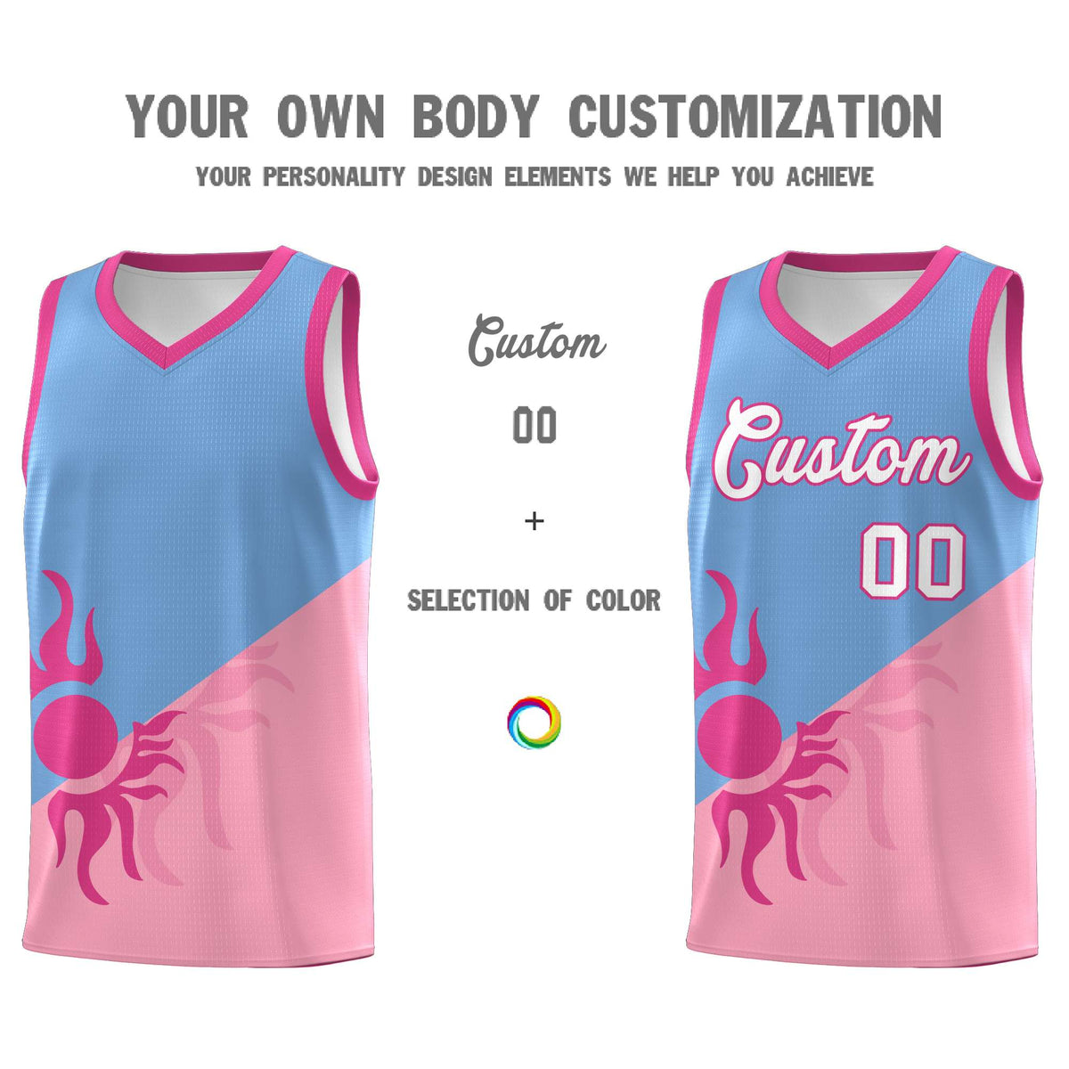 Custom Youth Basketball Jerseys - Powder Blue Light Pink Radiant Sun Design Two Tone Uniforms