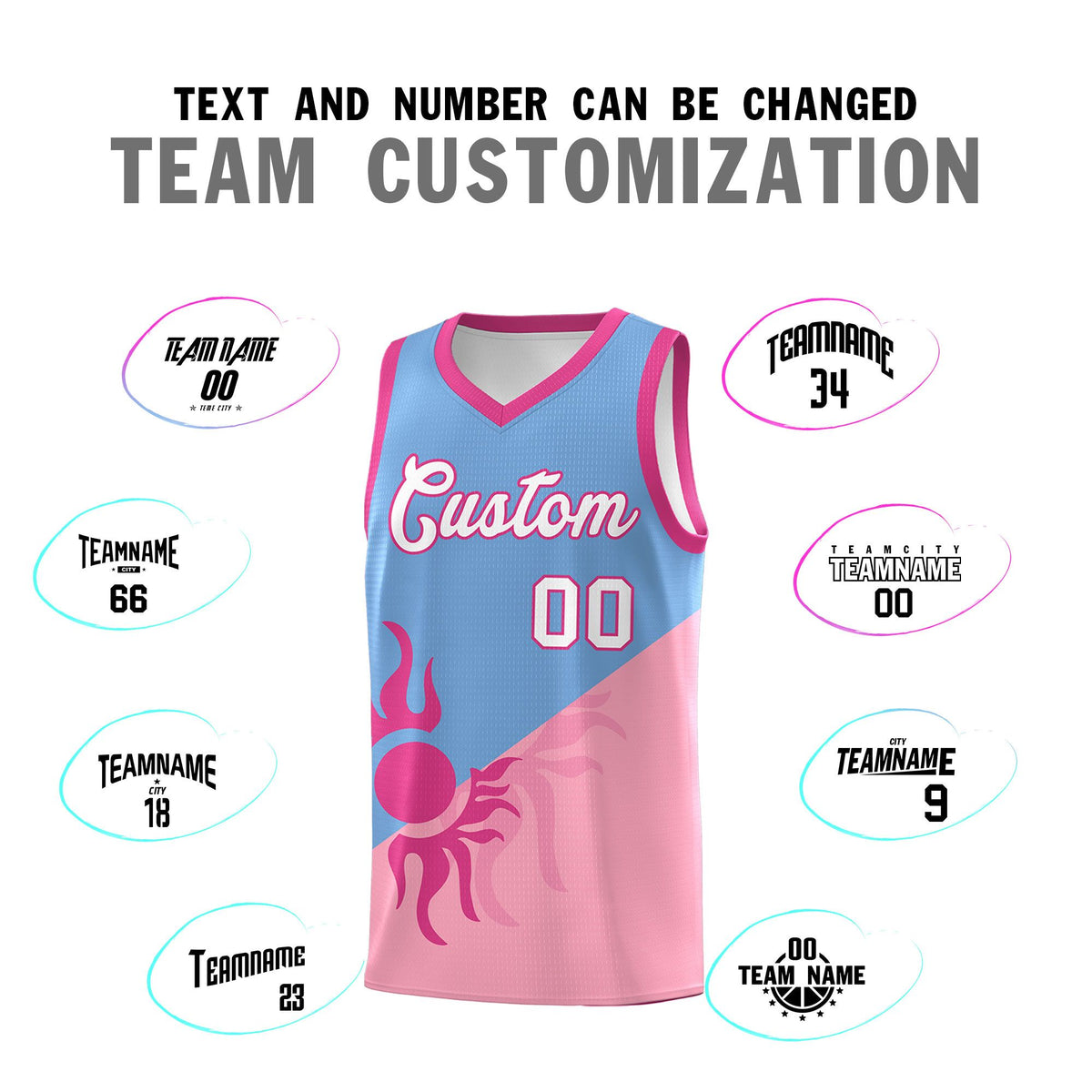 Custom Youth Basketball Jerseys - Powder Blue Light Pink Radiant Sun Design Two Tone Uniforms