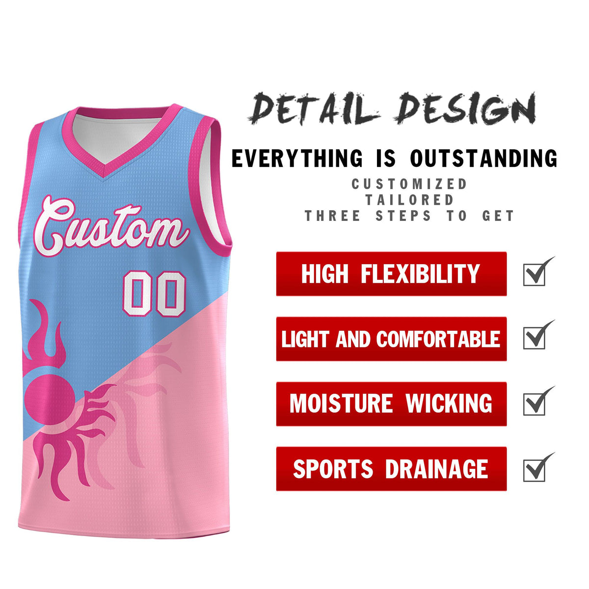 Custom Youth Basketball Jerseys - Powder Blue Light Pink Radiant Sun Design Two Tone Uniforms