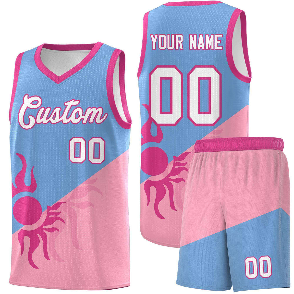 Custom Youth Basketball Jerseys - Powder Blue Light Pink Radiant Sun Design Two Tone Uniforms