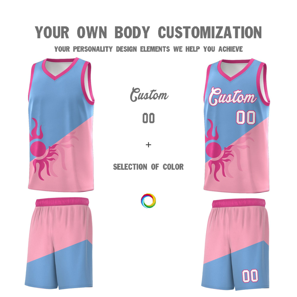 Custom Youth Basketball Jerseys - Powder Blue Light Pink Radiant Sun Design Two Tone Uniforms
