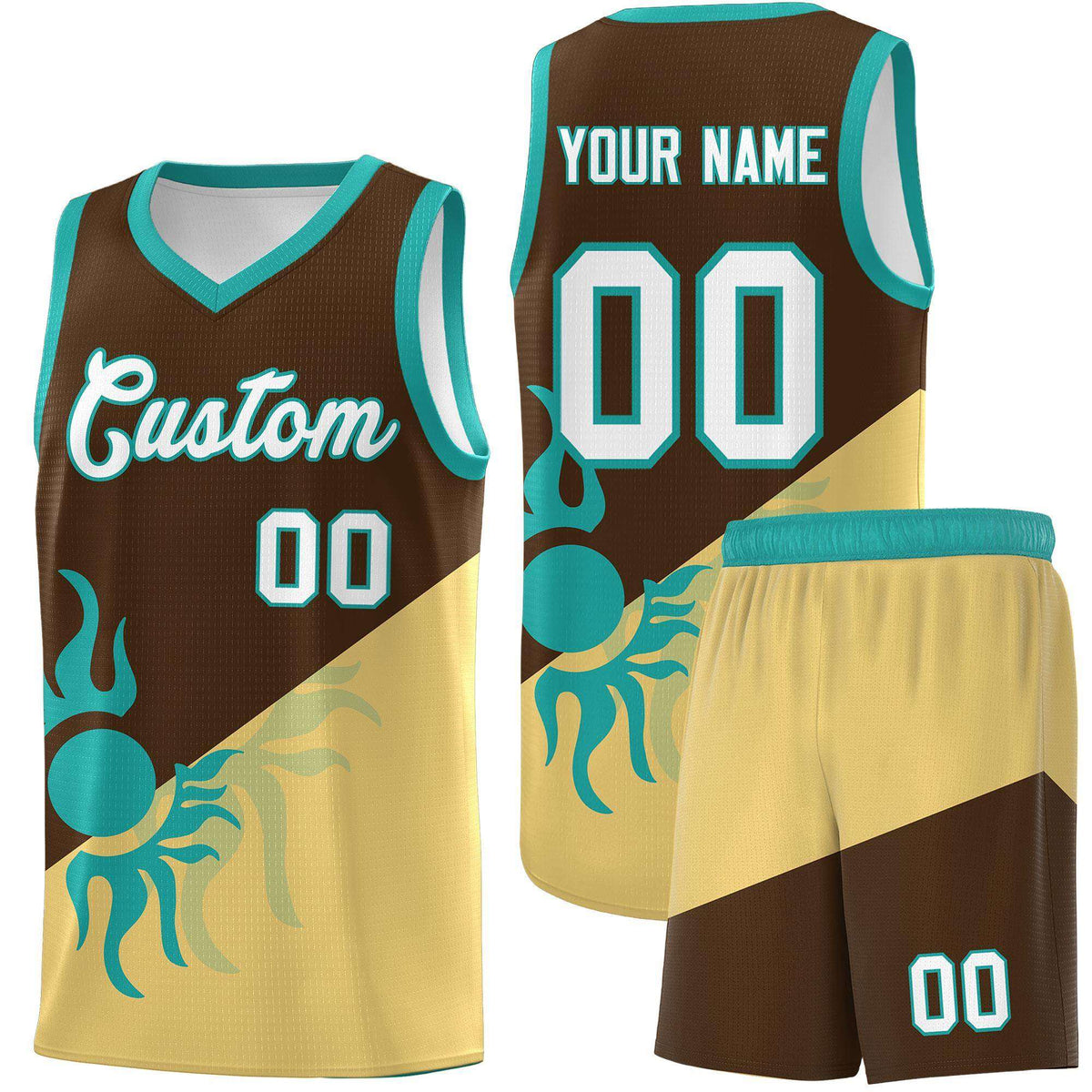 Custom Youth Basketball Jerseys - Brown Khaki Sunburst Design Two Tone Uniforms