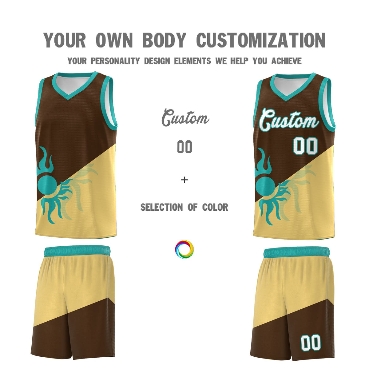 Custom Youth Basketball Jerseys - Brown Khaki Sunburst Design Two Tone Uniforms