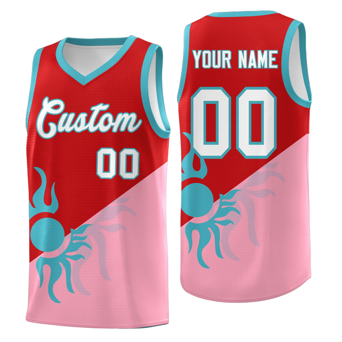 Custom Youth Basketball Jerseys - Red Light Pink Sunburst Design Two Tone Uniforms