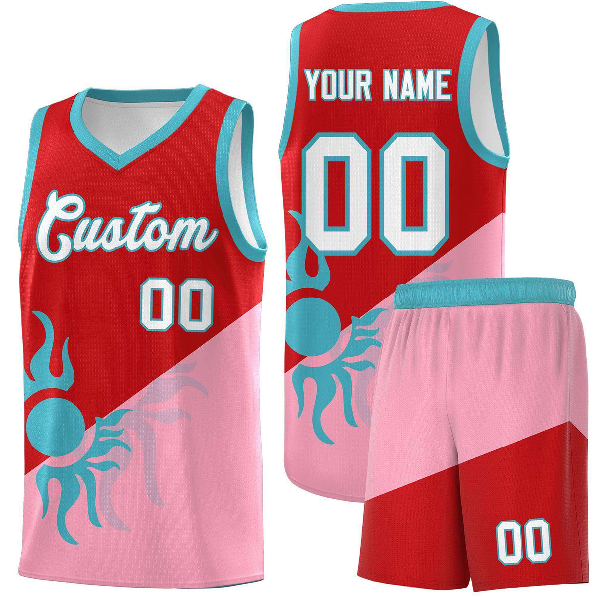 Custom Youth Basketball Jerseys - Red Light Pink Sunburst Design Two Tone Uniforms