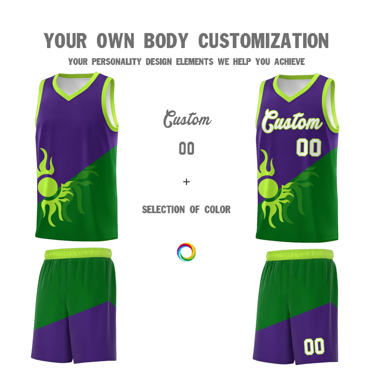 Custom Youth Basketball Jerseys - Purple Kelly Green Sunburst Design Two Tone Uniforms