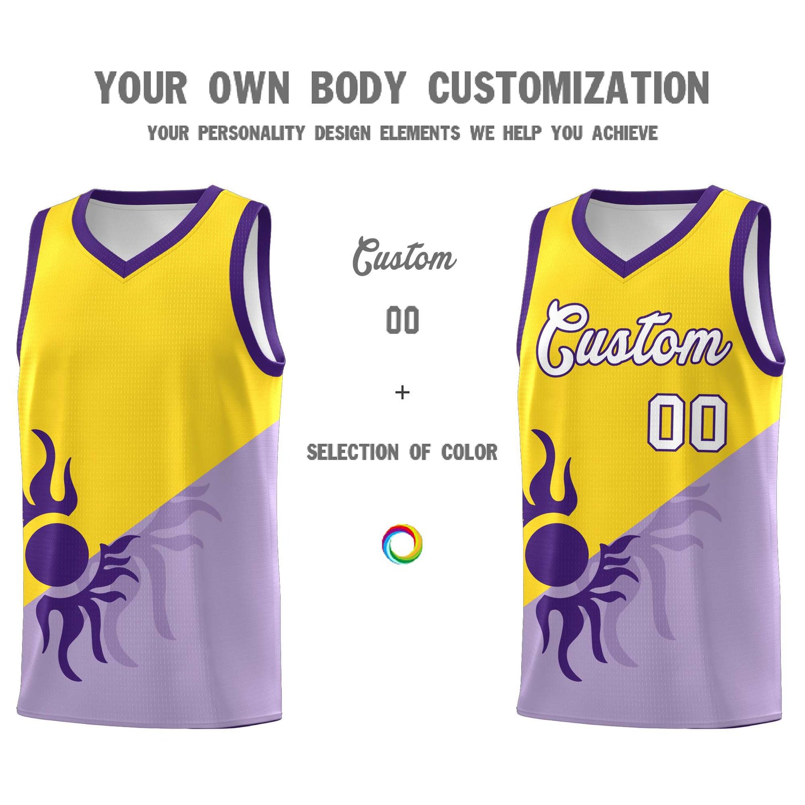 Custom Youth Basketball Jerseys - Light Purple Gold Sunburst Design Two Tone Uniforms