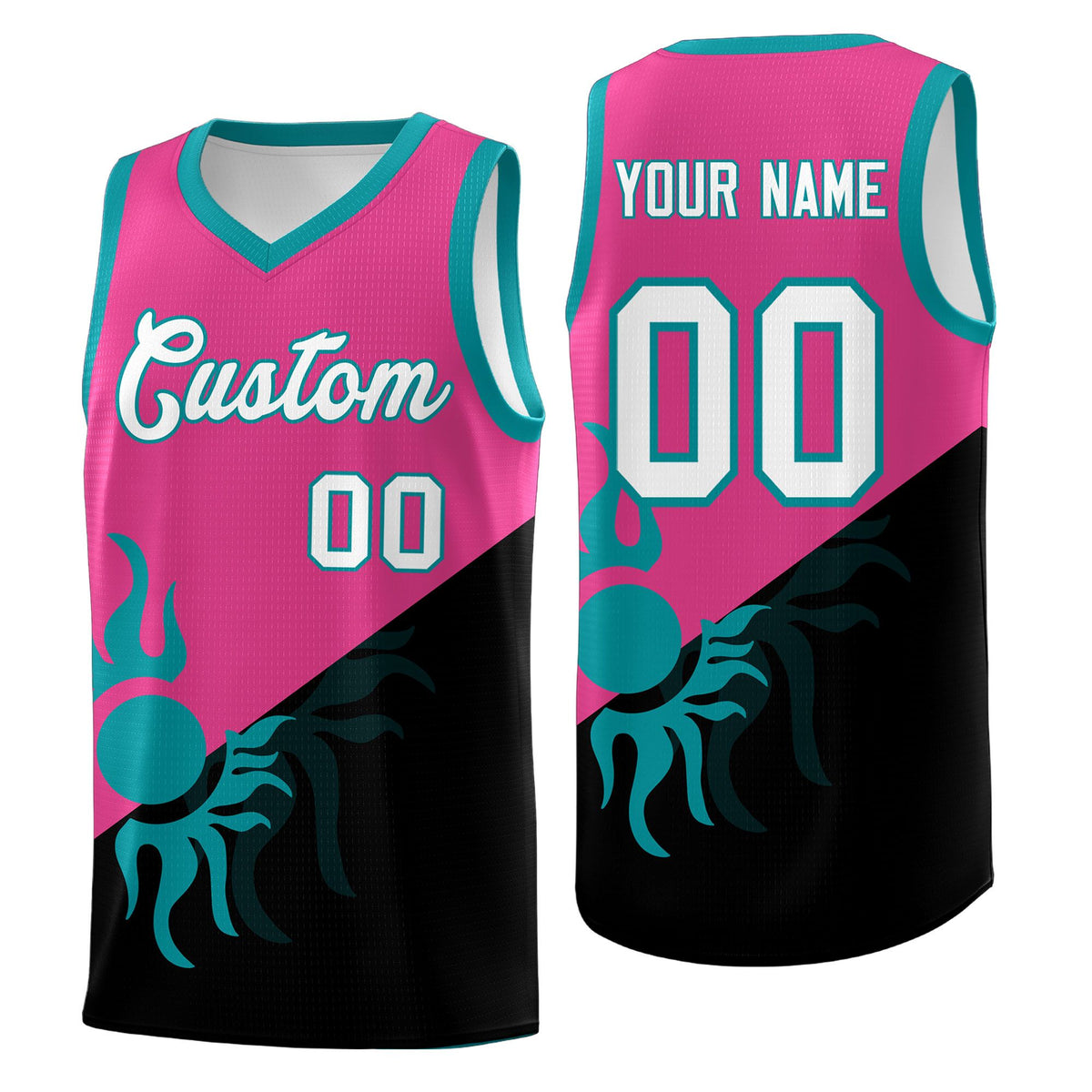 Custom Youth Basketball Jerseys - Rose Red Black Sunburst Design Two Tone Uniforms
