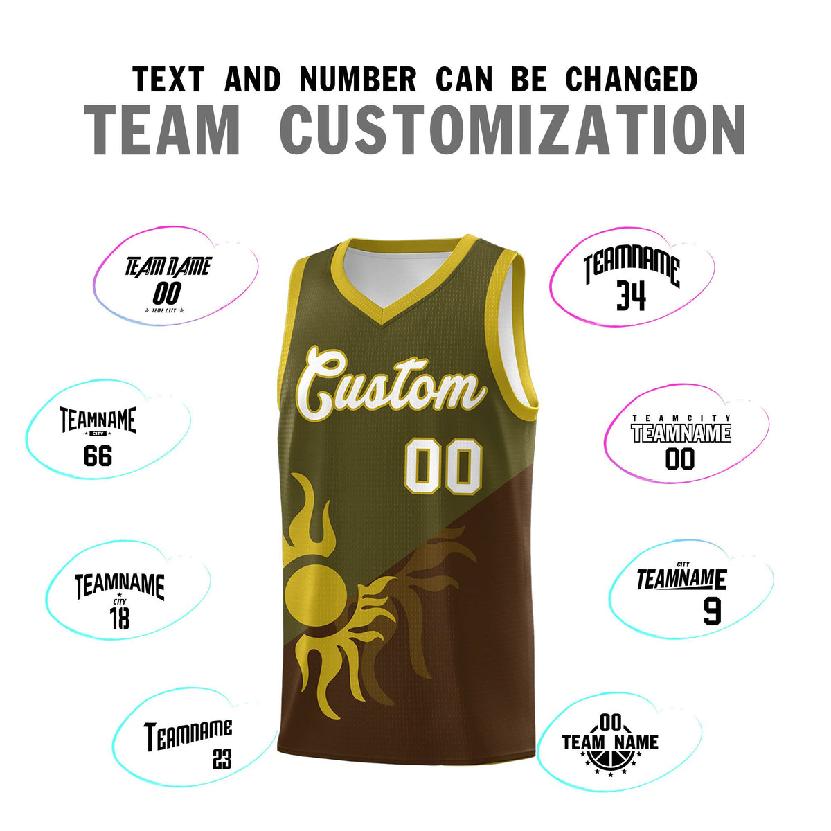 Custom Youth Basketball Jerseys - Brown Olive Radiant Sun Design Two Tone Uniforms
