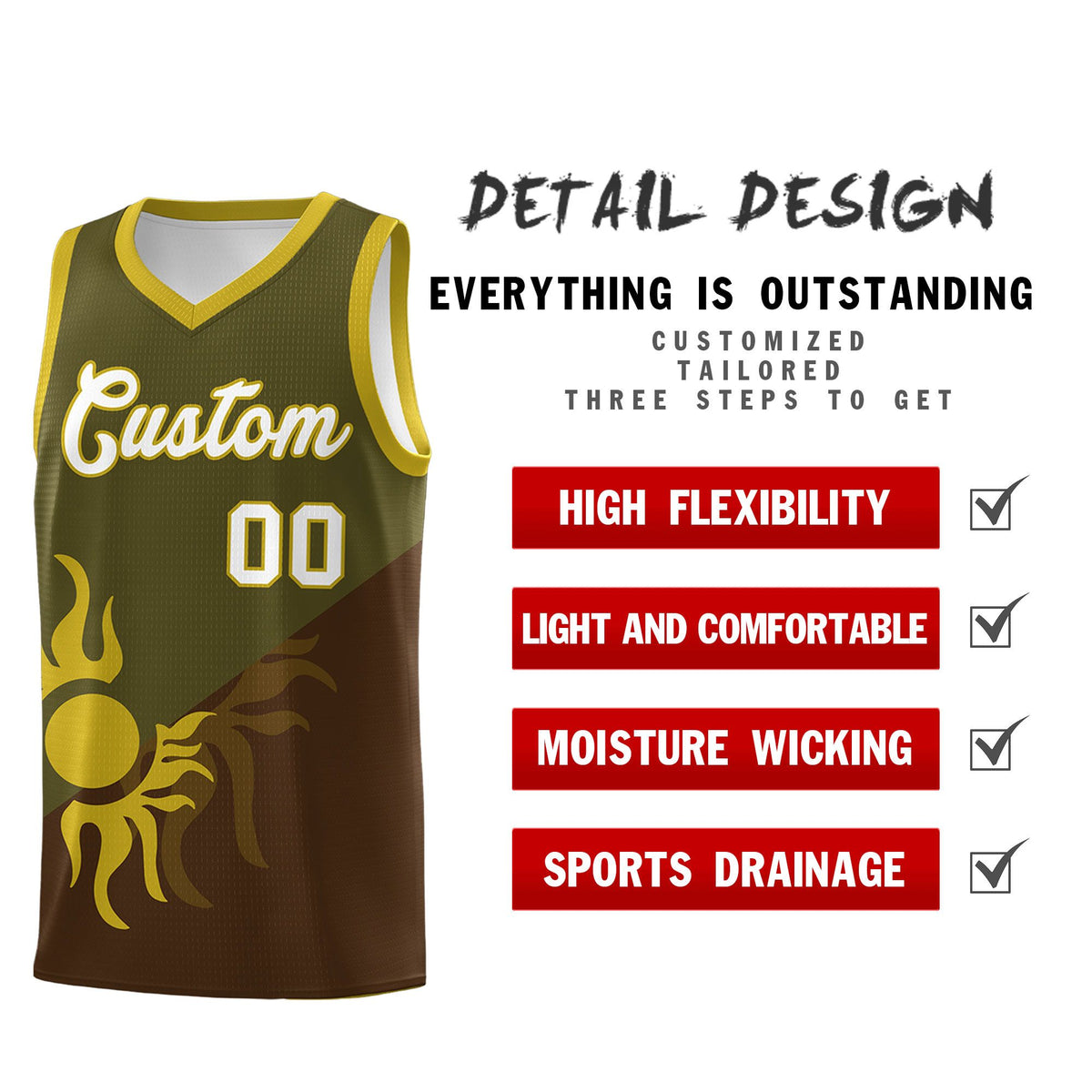 Custom Youth Basketball Jerseys - Brown Olive Radiant Sun Design Two Tone Uniforms
