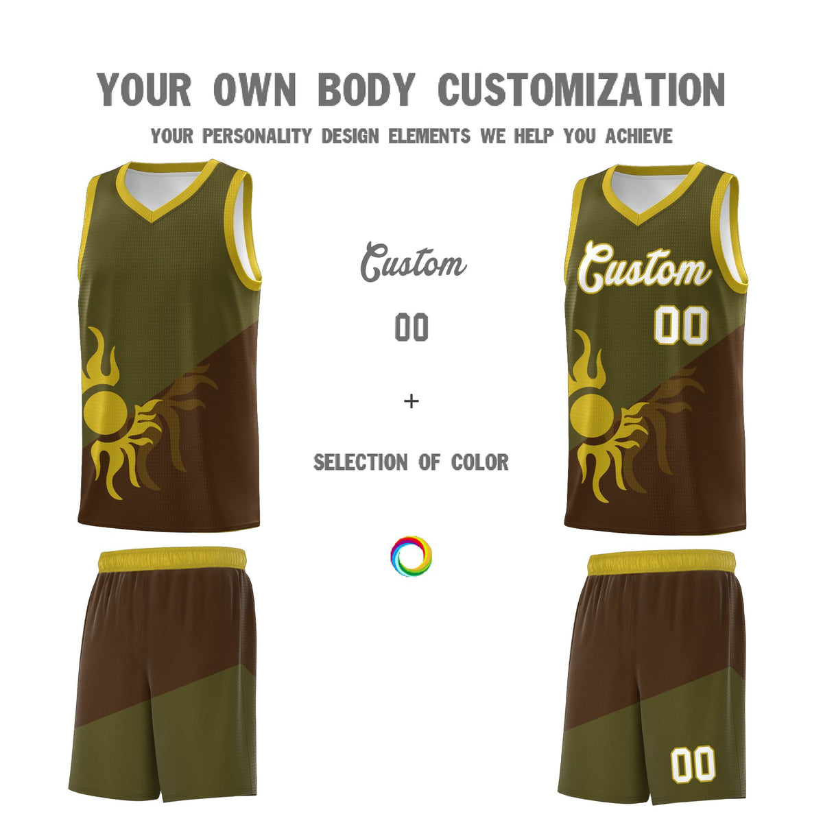 Custom Youth Basketball Jerseys - Brown Olive Radiant Sun Design Two Tone Uniforms