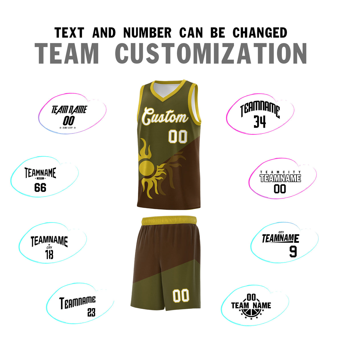 Custom Youth Basketball Jerseys - Brown Olive Radiant Sun Design Two Tone Uniforms