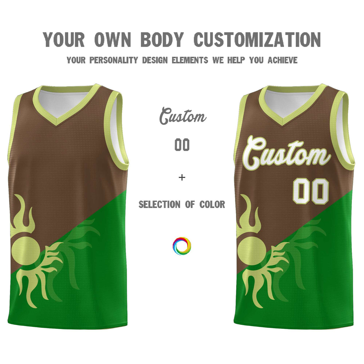 Custom Youth Basketball Jerseys - Kelly Green Light Brown Sunburst Design Two Tone Uniforms