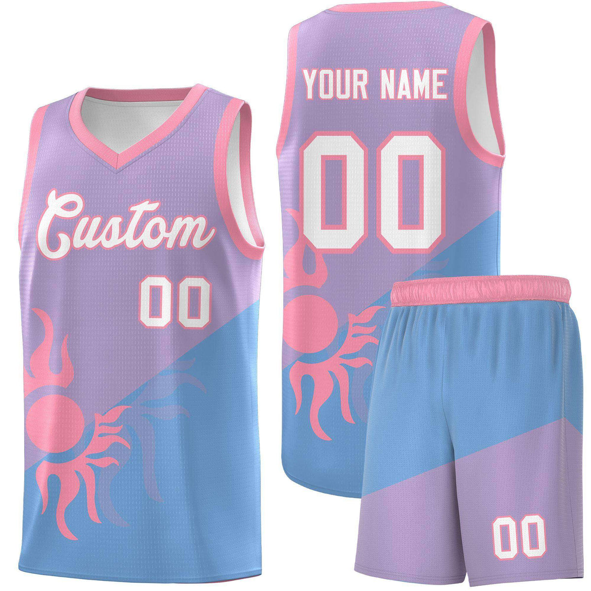 Custom Youth Basketball Jerseys - Light Purple Powder Blue Sunburst Design Two Tone Uniforms